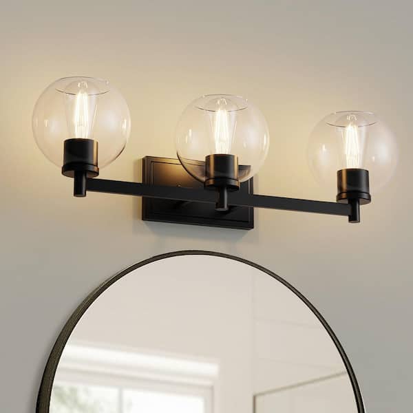 YANSUN 25 in. 3-Light Black Vanity Light with Globe Glass Shades for Bathroom, Mirror, Powder Room