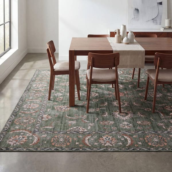 Arabella Vintage Floral Border Machine-Washable Green/Brown 5 ft. x 8 ft. Area Rug