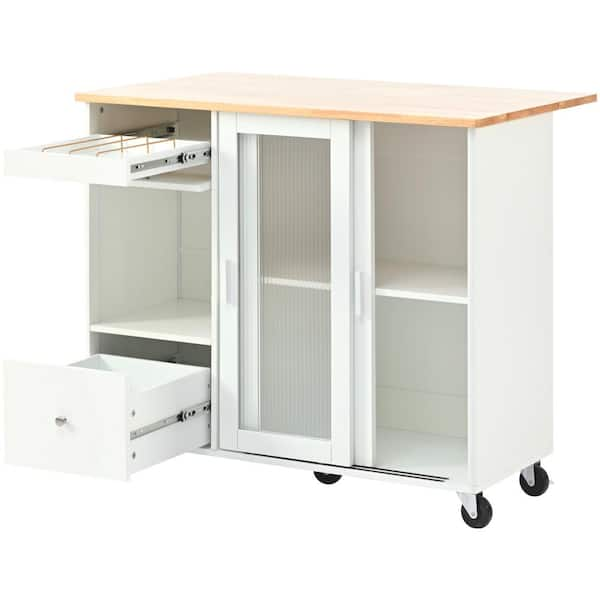 White Wood 44 in. Kitchen Island with Drop Leaf LED Light Cart on