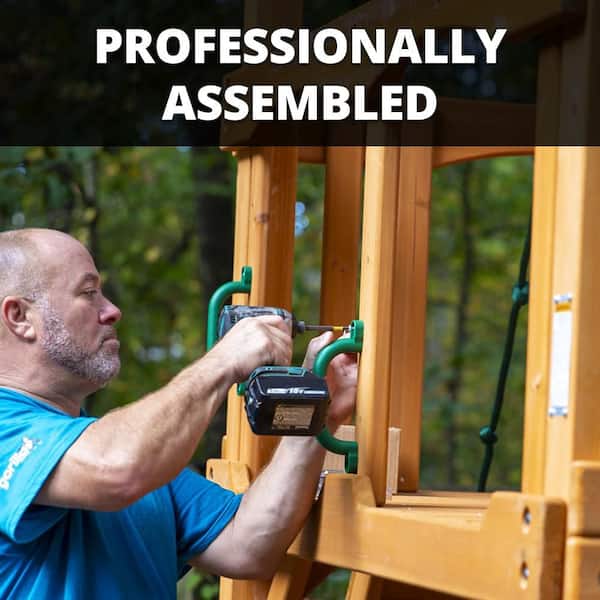 Professionally Assembled Outing III Kids Wooden Outdoor Playground Set with Wood Roof, Monkey Bars, Slide, and Swing Set