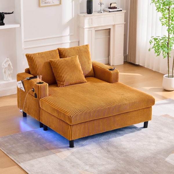 Ely Yellow Chenille Upholstered Chaise Lounge Sofa with USB Charging, RGB Light Strip, Cup Holder, Side Pocket, Pillows