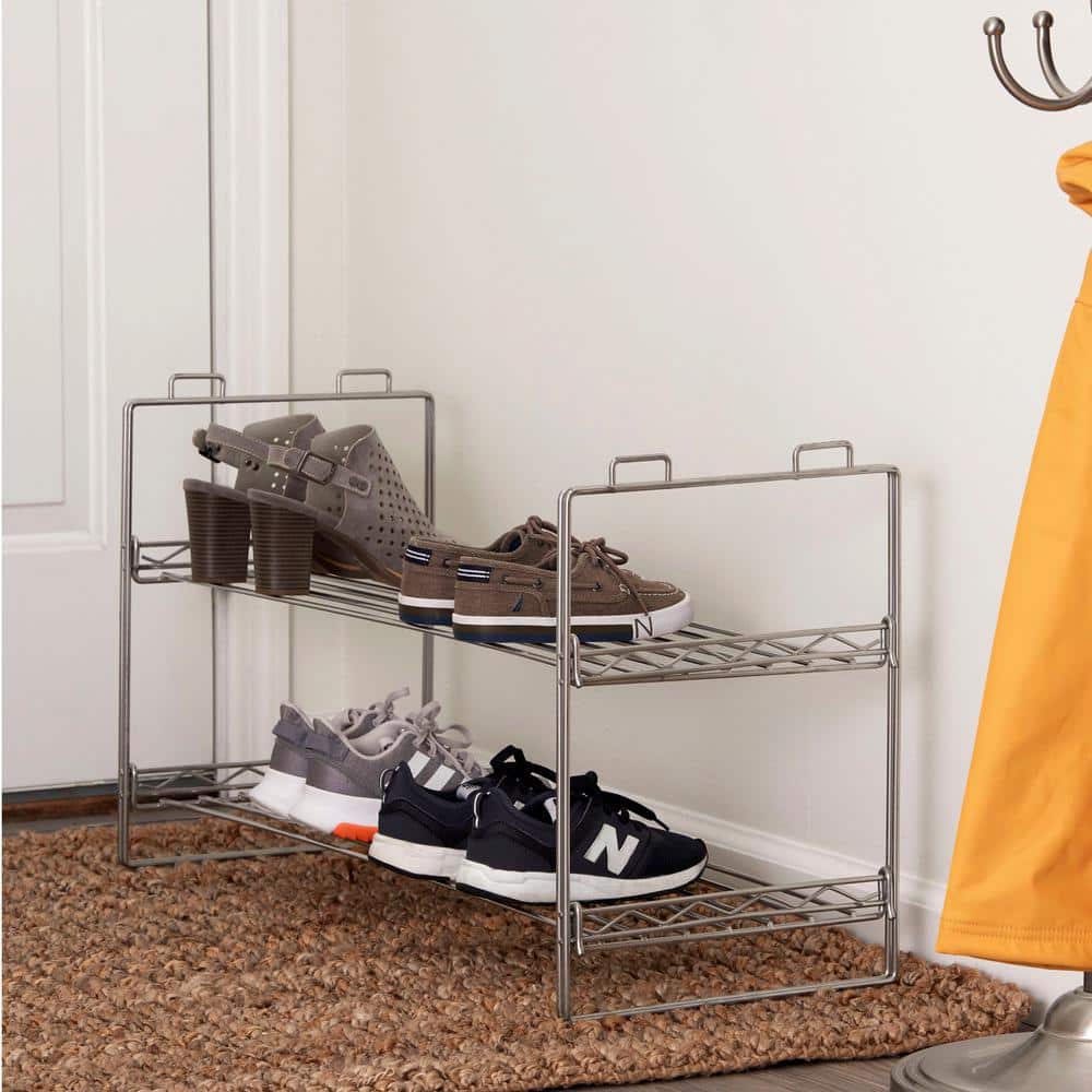 Chrome Stackable Two-Tier Shoe Rack with Flat Shelves