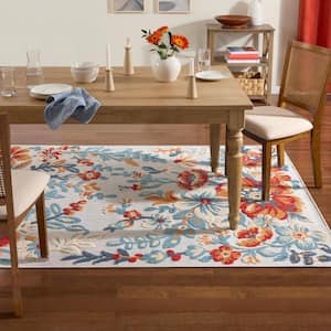 Hibiscus Bloom Ivory/Red 5 ft. x 7 ft. Floral Modern Indoor/Outdoor Patio Area Rug