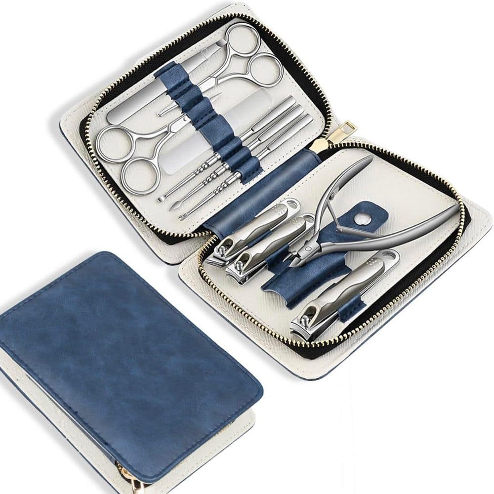 1-Piece Bathroom Accessory Set in Blue, Professional Nail Care Manicure Pedicure Kit with Exquisite Leather Travel Case