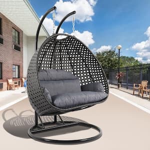 2-Person Black Wicker Patio Swing with Charcoal Blue Cushion