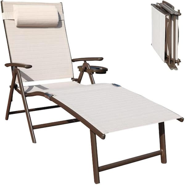 ITOPFOX Outdoor Aluminum Folding Reclining Adjustable Chaise Lounge Chair with Cup Holder for Patio Beach, Beige