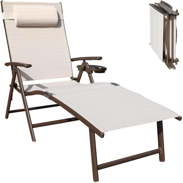 ITOPFOX Aluminum Outdoor Folding Reclining Adjustable Chaise Lounge Chair with Cup Holder for Patio Beach, Beige