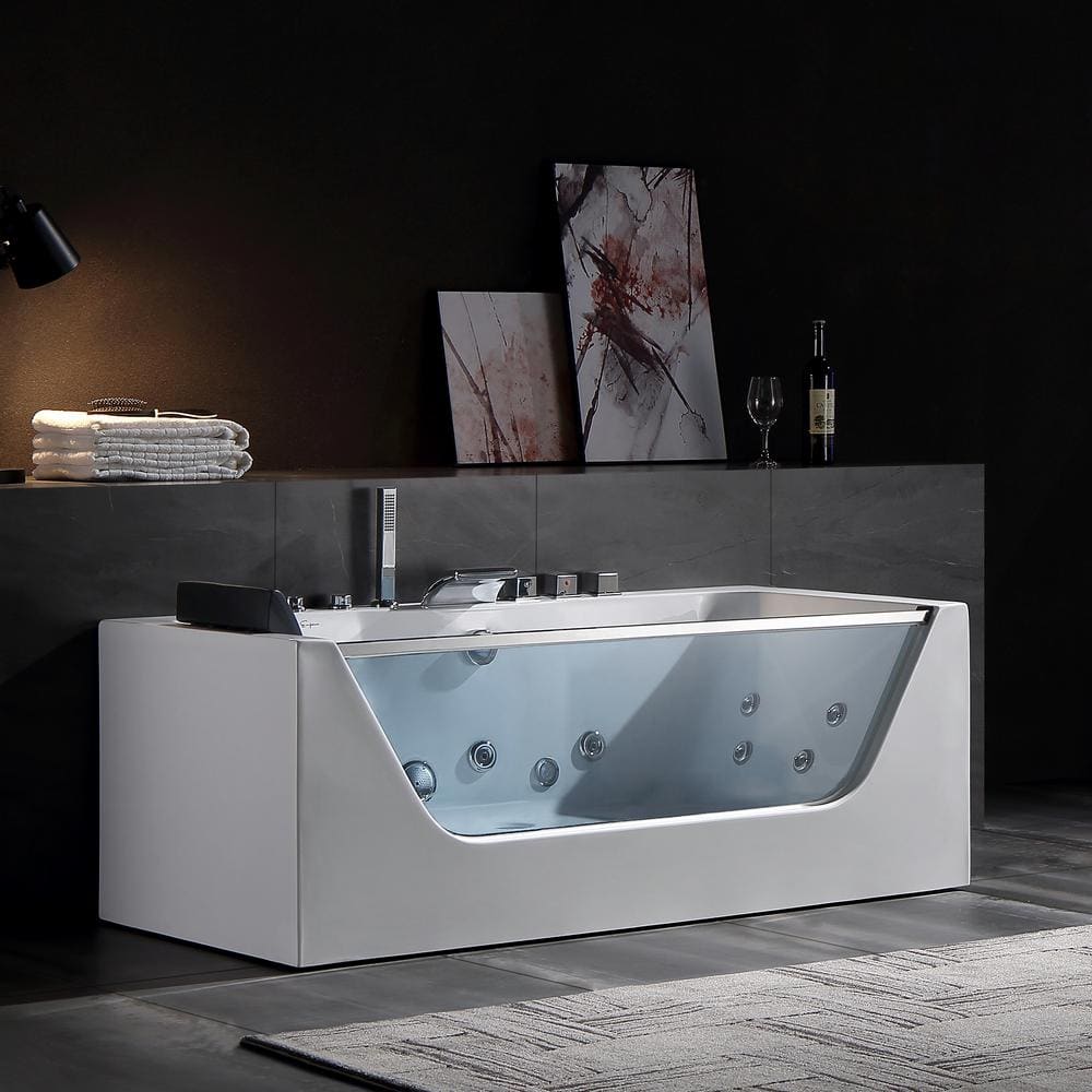 59-Inch White Acrylic Rectangular Whirlpool Bathtub with Jets and Blue Glass Panel