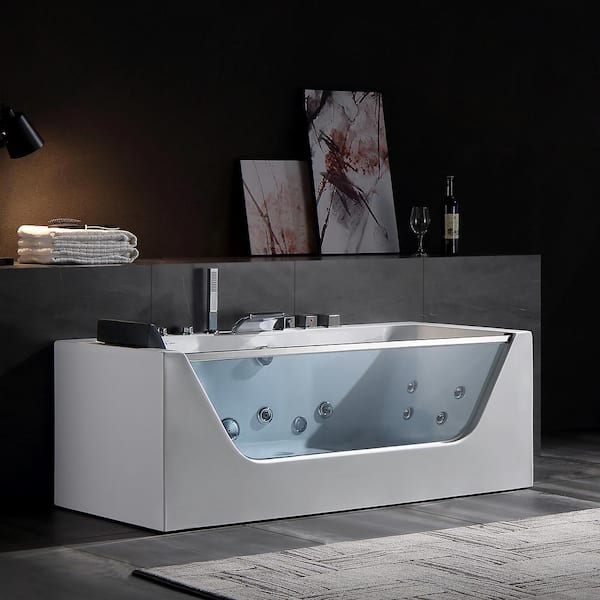 59 in. Acrylic Center Drain Rectangular 3-Wall Alcove Whirlpool Lighted Bathtub in White with Water Jets - Tub Filler