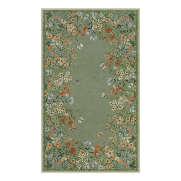 5 X 7 Machine Washable Green Spiral Design Vintage Floral Low Pile Non Slip Soft Indoor Area Rug