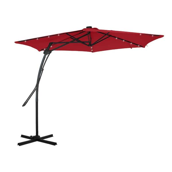 Clihome 10 ft. Square Cantilever Outdoor Market Umbrella in Red with 360-Degree Rotating Foot Pedal and 24 Light Beads