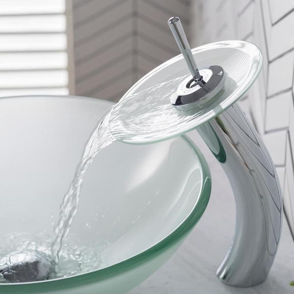 KRAUS Frosted Glass Vessel Sink in Clear with Single Hole Single-Handle Low-Arc Waterfall Faucet in Chrome