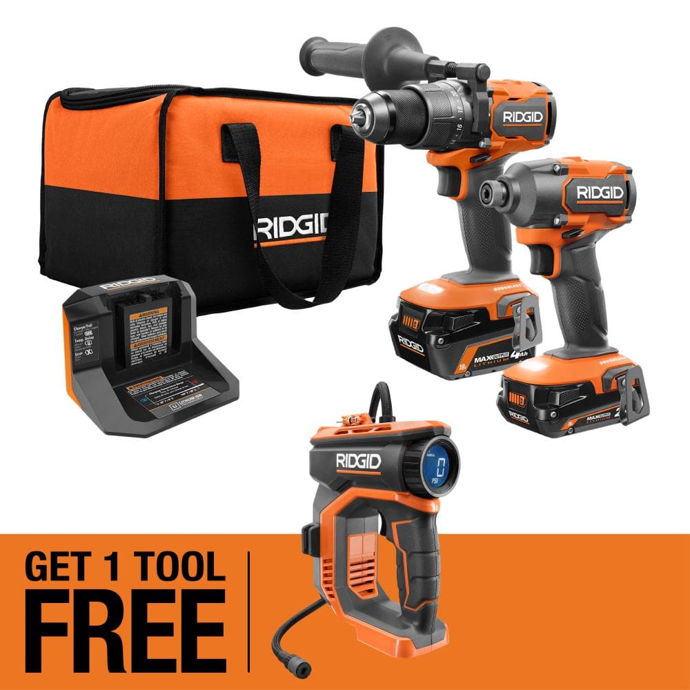 RIDGID 18V Brushless Cordless 3-Tool Combo Kit w/ Hammer Drill, Impact Driver, Digital Inflator, Batteries, Charger & Bag