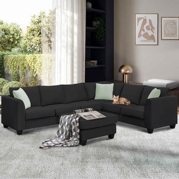112 in. Square Arm Fabric L -Shaped Sofa with Ottoman in Black