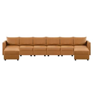 112.8 in. Modern Faux Leather 6 Seater Upholstered Sectional Sofa with Double Ottoman in. Caramel