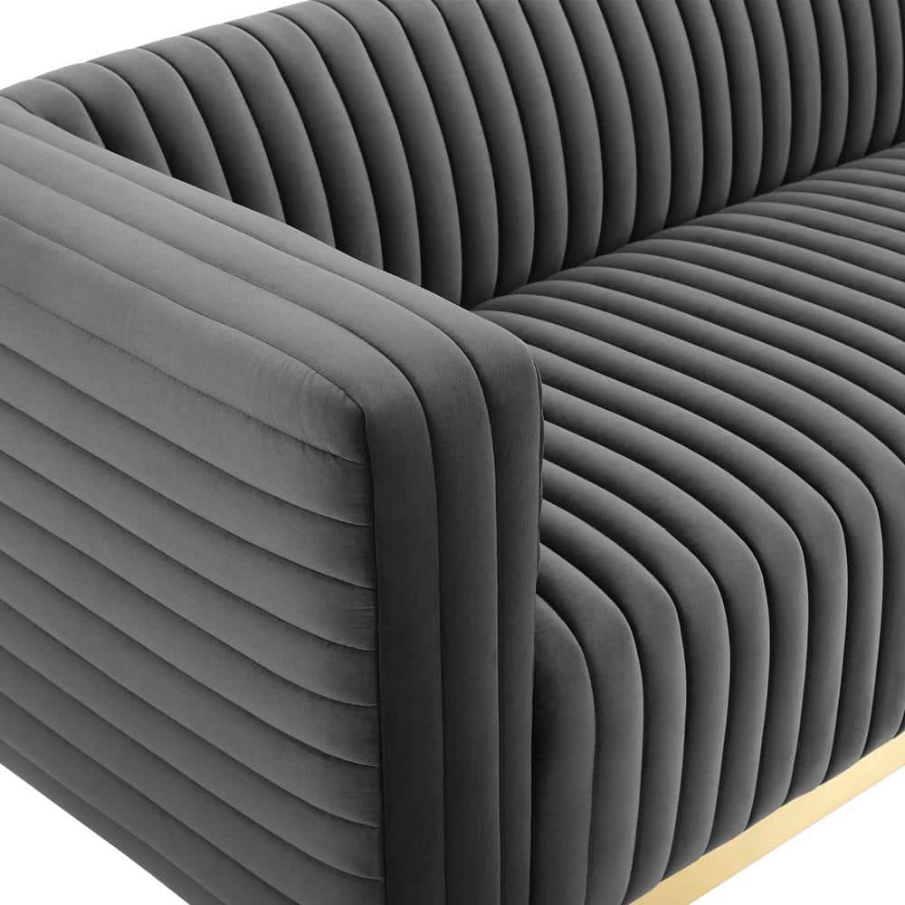 Charcoal Velvet Tufted Sofa with Gold Base