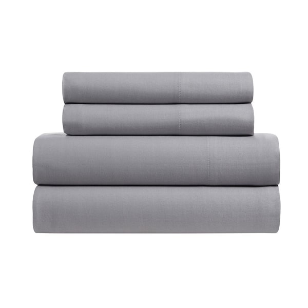 Kathy Ireland Herringbone Twill 4-Piece Light Grey Cotton Blend Queen Sheet Set