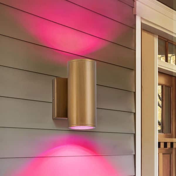 Alexa 2-Light Gold LED Cylinder Outdoor Wall Sconce Color Changing App Control with Remote