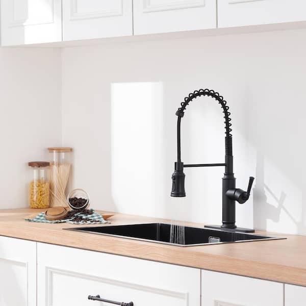 Touch Sensor Single Handle Pull Down Sprayer Kitchen Faucet with Deck Plate and Water Supply Hoses in Matte Black