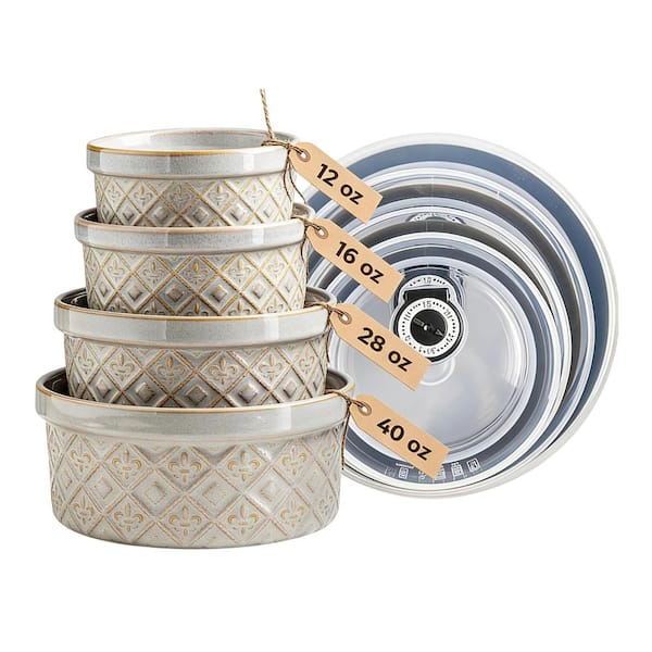 4-Piece Gray Embossed Ceramic Mixing Bowls Set with Airtight Lids, Stackable Nesting Storage for Cooking, Baking