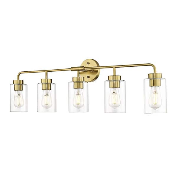 36.5 in. 5 Light Brushed Gold Vanity Light with Clear Glass Shade