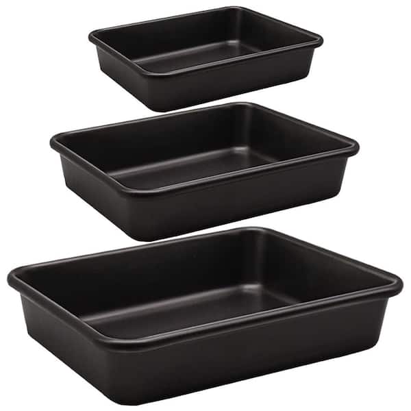 3-Piece Black Rectangular Heavy Carbon Steel Roasting Pan Sets, Nonstick Baking Tray Set, Non-Toxic Coating and Durable