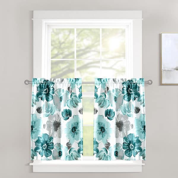 HOMEBOUTIQUE Leah 58 in. W x 36 in. L Light Filtering Kitchen Tiers in Blue Plus 1.5 Set (Each 29 in. W x 36 in. L Plus 1.5)