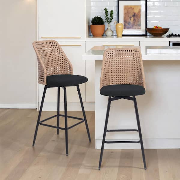 42.7 in. H Woven wicker High Back Metal Bar Stool with Black Chenille Fabric Seat Cushion(set of 2)