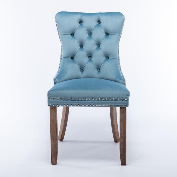 Noble House Nexa Light Blue Upholstered Tufted Velvet Dining Chairs with Nail Head Trim, Rubberwood Legs and Frame, Set of 2