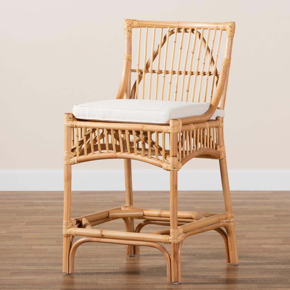 Elysian White Fabric and Natural Rattan Adjustable Counter Stool