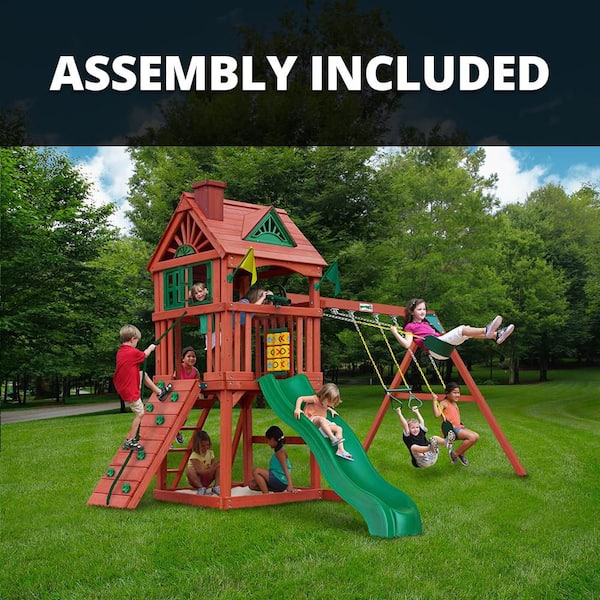Professionally Assembled Nantucket Kids Wooden Outdoor Playground Set with Wave Slide, Sandbox, Rock Wall, and Swing Set