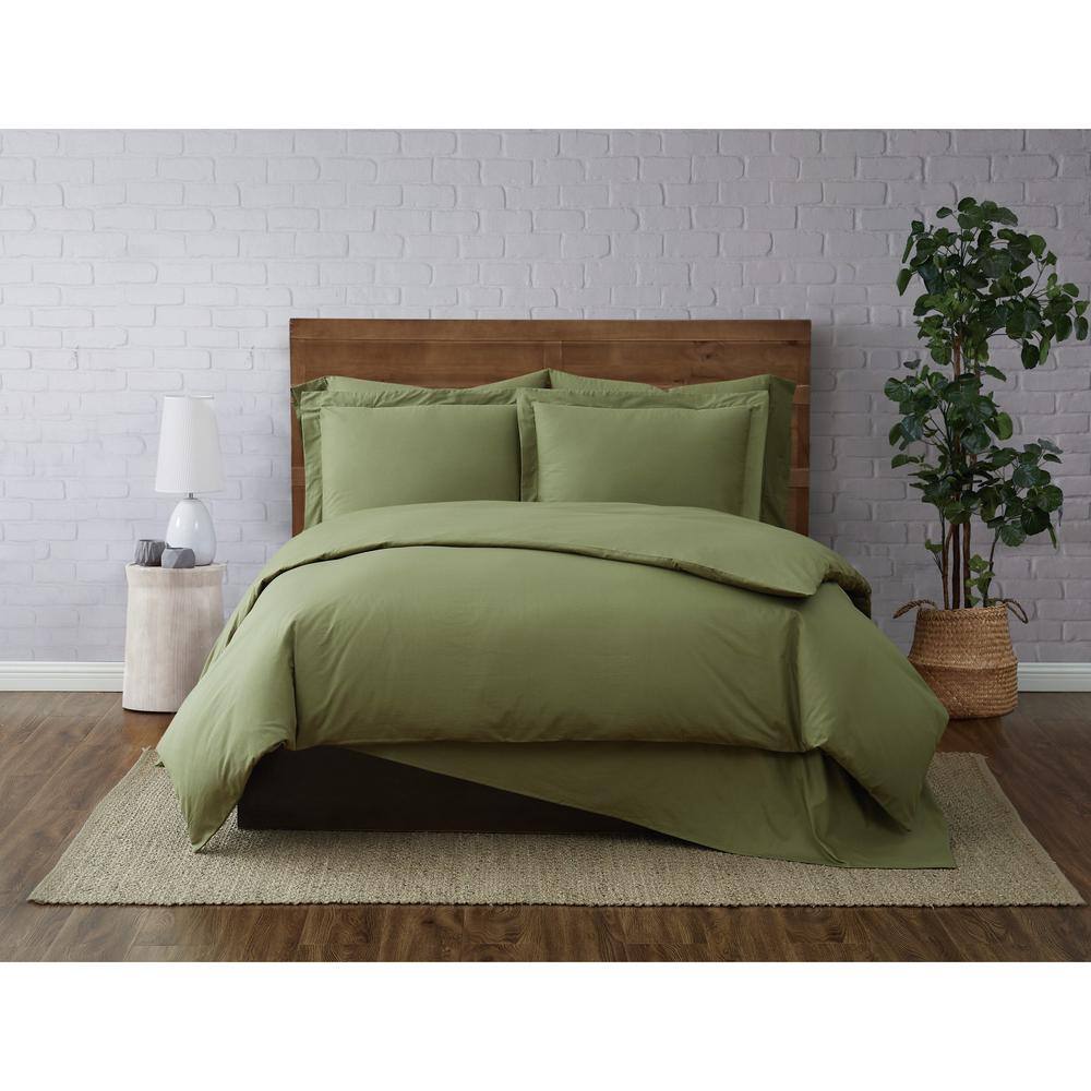 Olive Green Cotton Percale Full/Queen Duvet Set with Shams