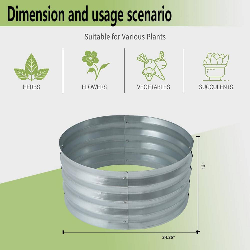 24.25" Silver Galvanized Metal Round Raised Garden Bed Planter