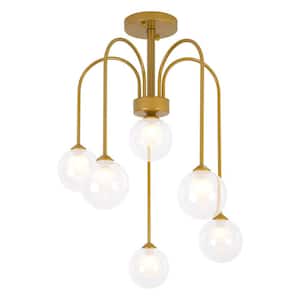 St. Louis 21.2 in. 6-Light Gold Semi-Flush Mount with Clear Glass Lampshade