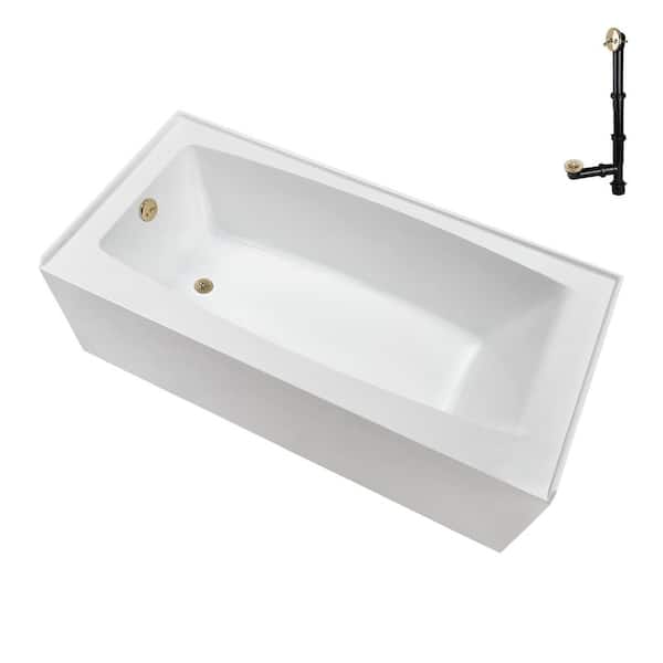 60 in. x 30 in. Soaking Acrylic Alcove Bathtub with Left Drain in Glossy White, External Drain in Polished Brass
