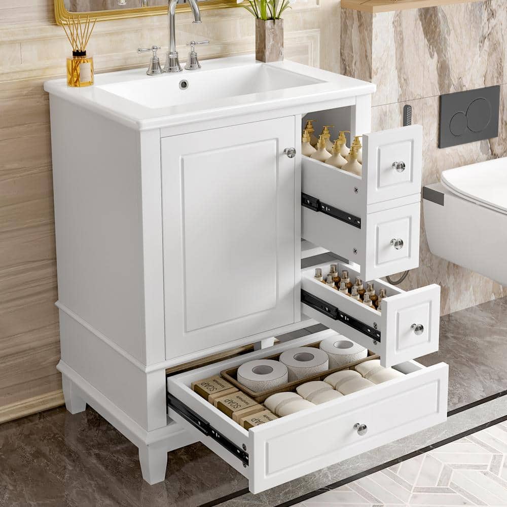 24 in. White Bath Vanity with White Ceramic Sink Top, Storage Shelves and Drawers price history on PriceWatchPro