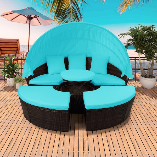 Wateday Patio Brown Wicker Outdoor Sectional Set with Blue Cushions