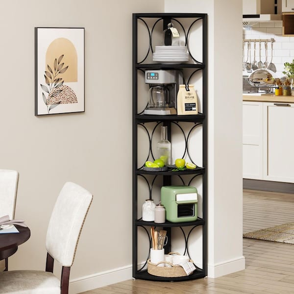 Eulas 67 in. Tall Black Engineered Wood 6-Shelf Etagere Bookcase, Corner Bookshelf Standing Storage Rack for Living Room