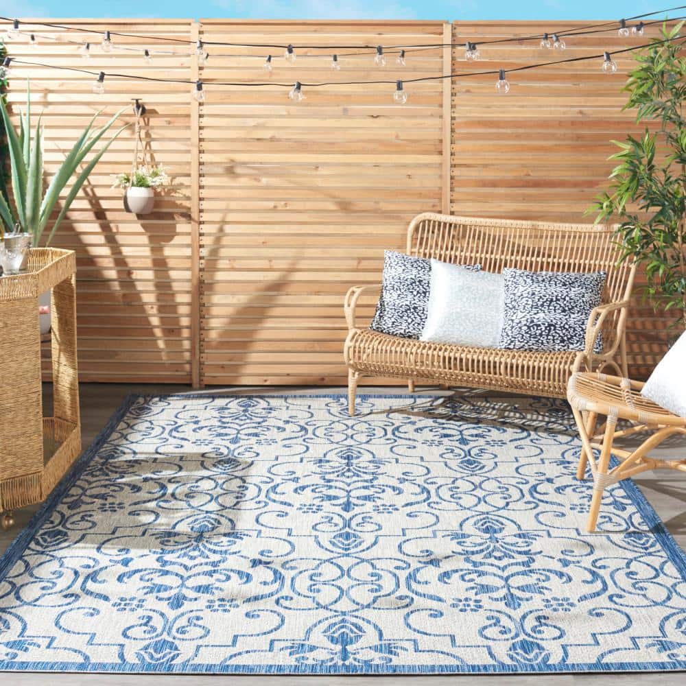 Ivory & Blue Classic Scroll 7' x 10' Synthetic Outdoor Rug