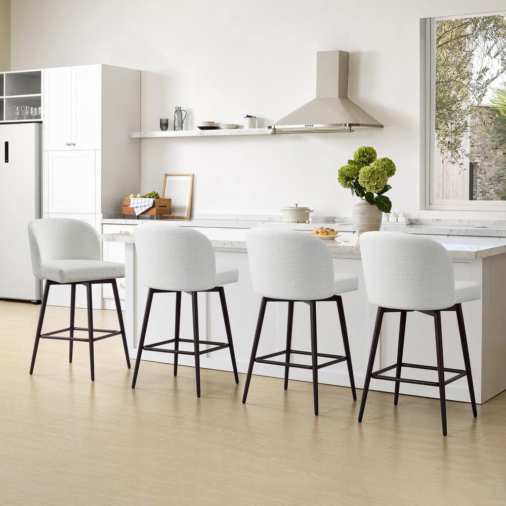 White Upholstered Swivel Counter Stools with Iron Legs, Set of 2
