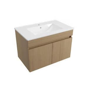 30 in. W x 18 in. D Wall Mounted Plywood Bathroom Vanity with Integrated Ceramic Sink, Soft Close Doors, Light Oak