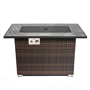 43.3 in. Brown Rectangle Outdoor Wicker Propane Fire Pit Table with Glass Rocks and Rain Cover