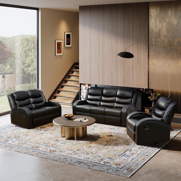 73 in. Straight Arm 3-Piece Faux Leather Rectangle Reclining Sofa Set in Black Modern 6 Seat Couch Living Room Sofa Set