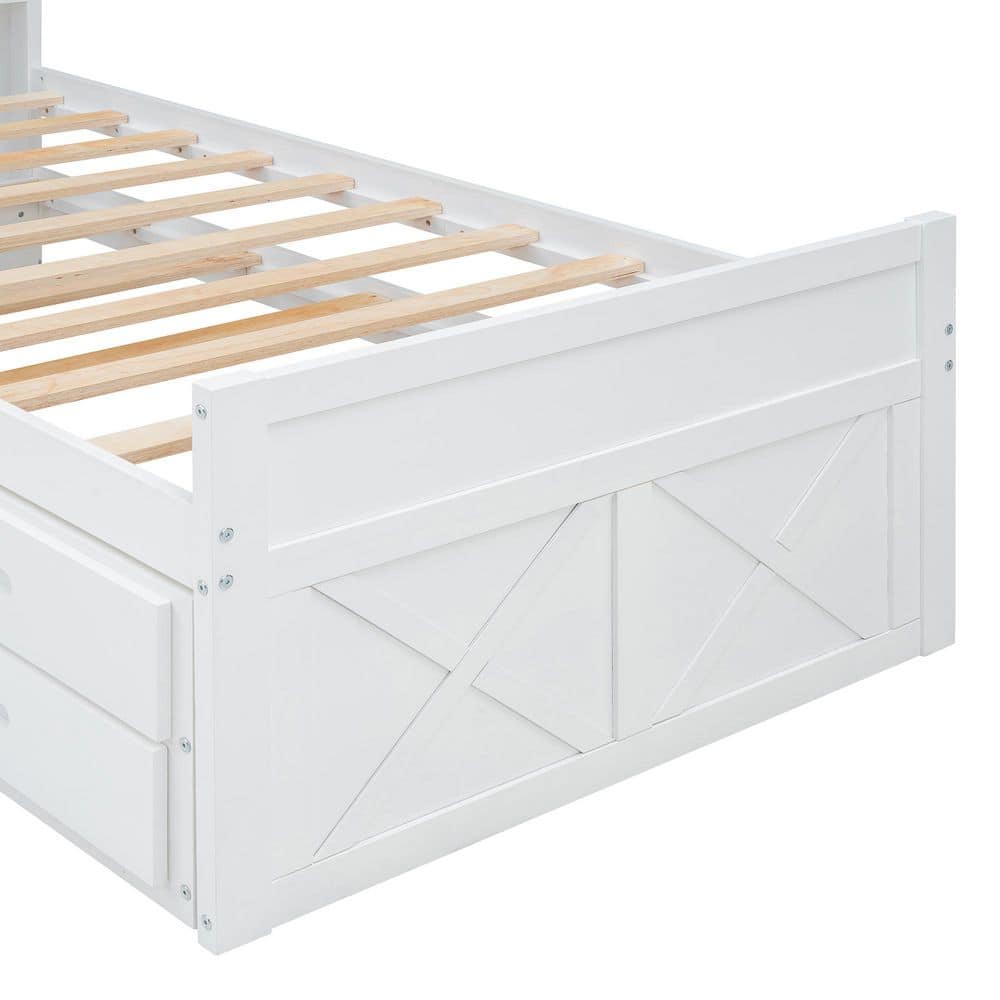 White Wood Frame Full Size Platform Bed with Storage Headboard, Outlets, Twin Size Trundle and 3 Storage Drawers - thumbnail 3