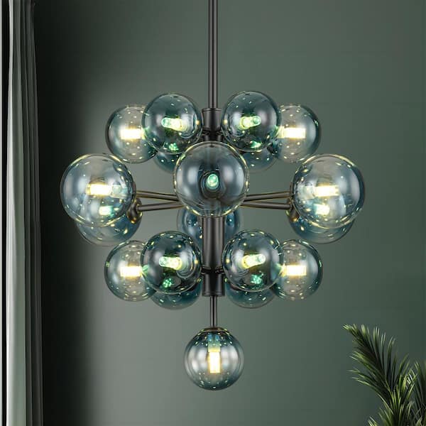 Alverstone 19-Light Modern Glam Black Tiered Cluster Gradient Blue Glass Globe Bubble Chandelier for Dining Room