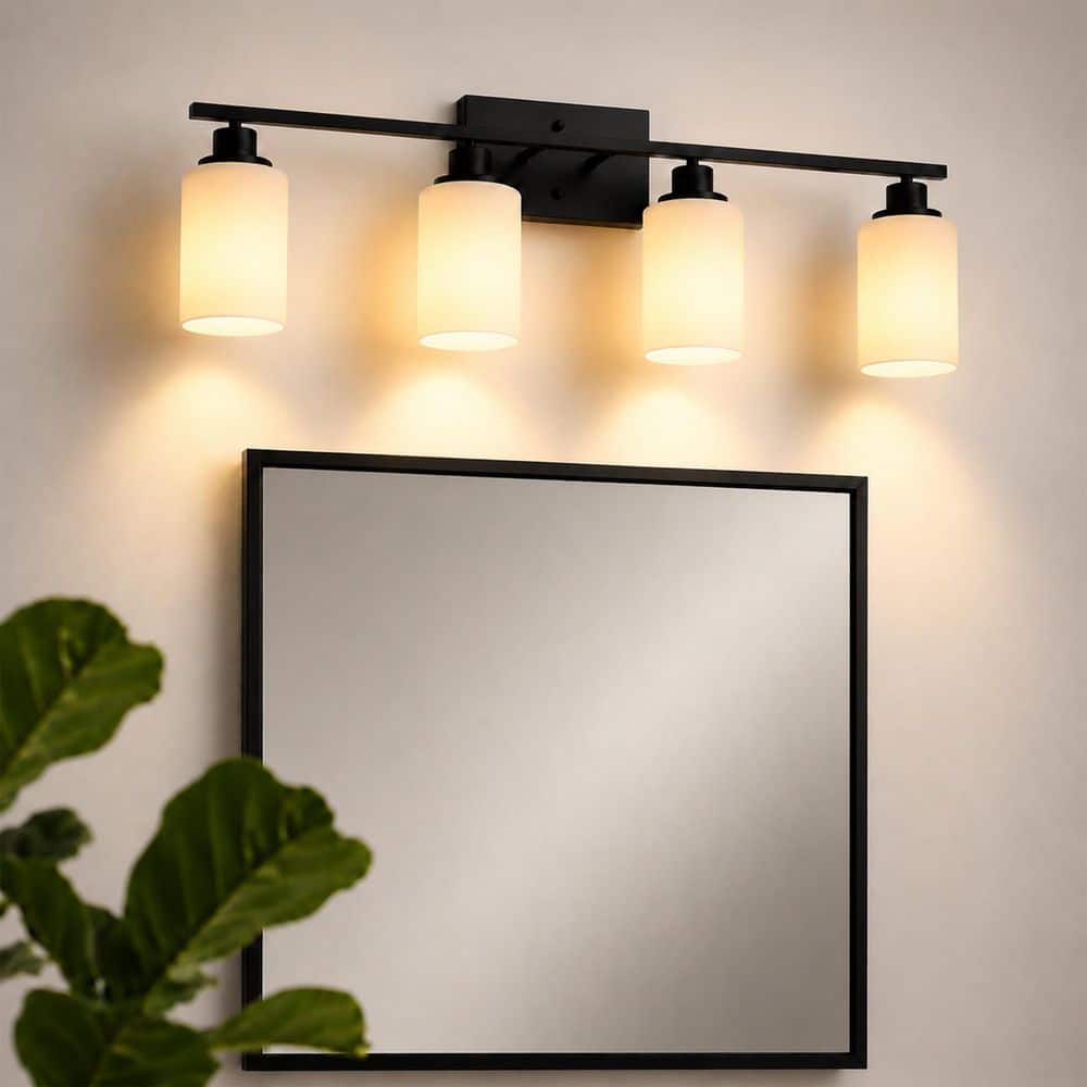 31.5 in. 4-Light Matte Black Vanity Light with Milky White Cylinder Glass Shades E26 Modern Bathroom Wall Sconce price history on PriceWatchPro