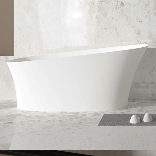 66.83 in. x 29.4 in. Solid Surface Freestanding Flatbottom Soaking Bathtub with Overflow in Matte White