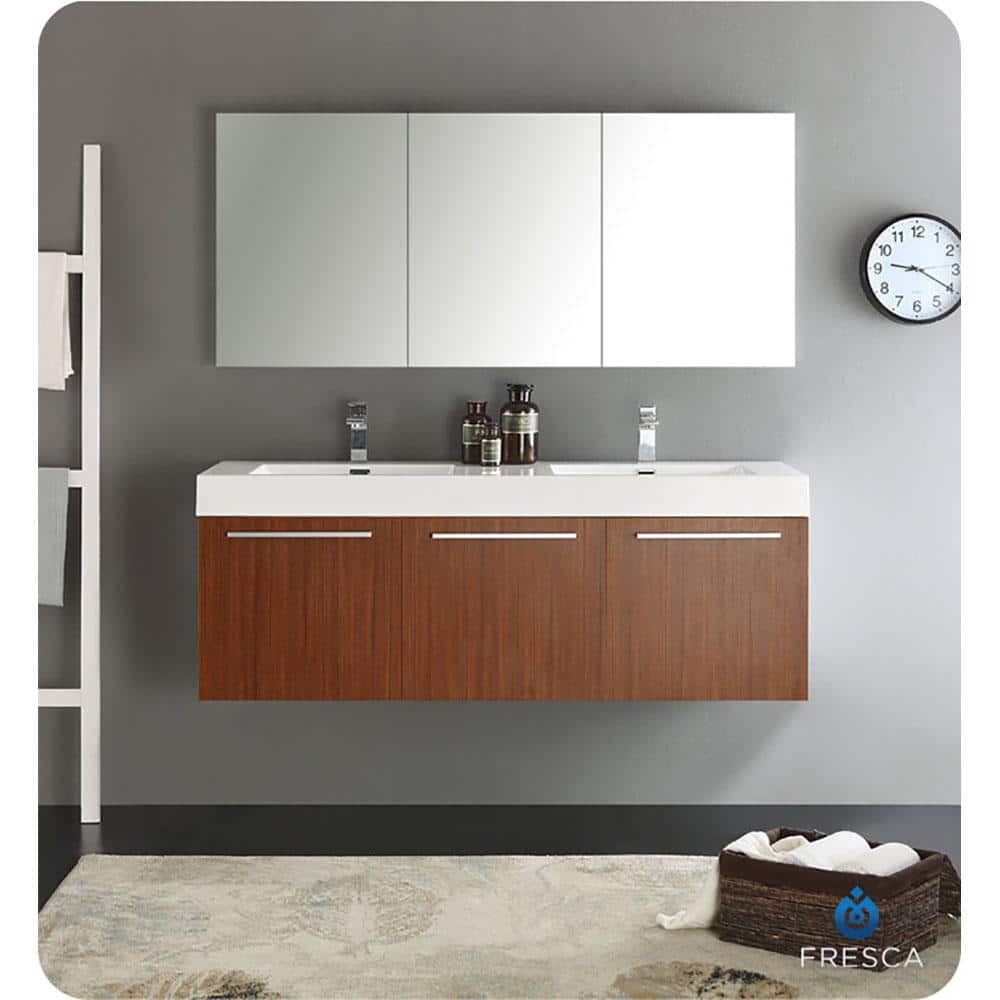 Teak 59" Wall-Mount Double Vanity Cabinet Base