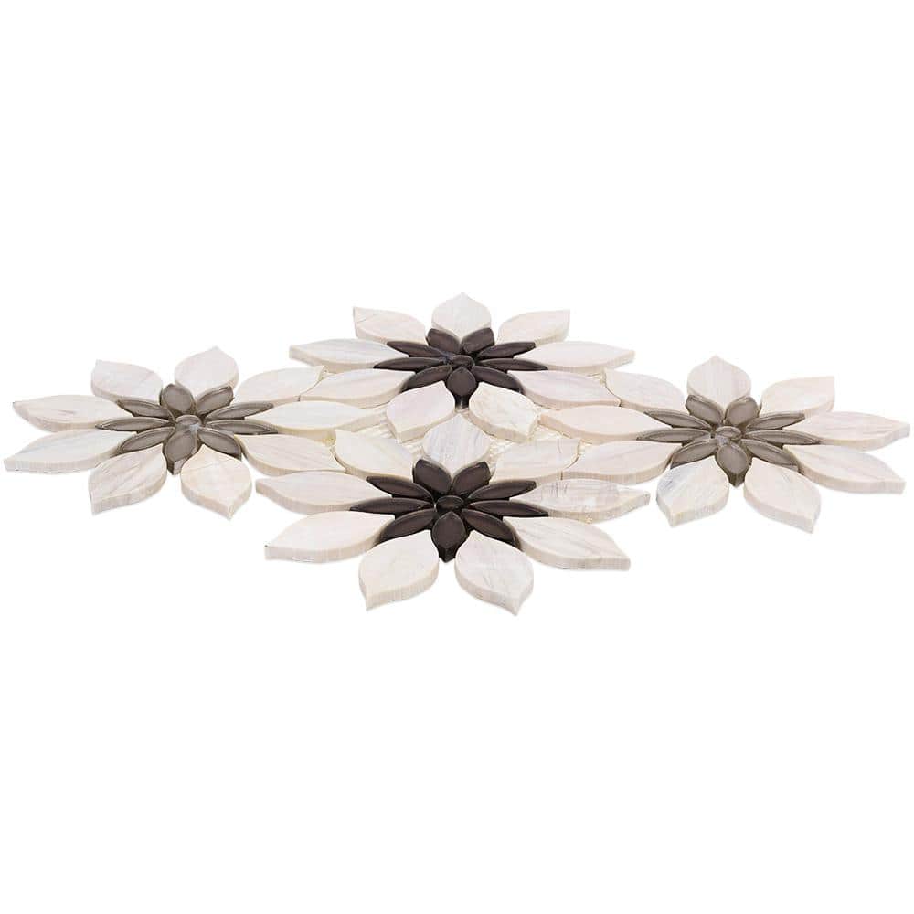 Thistle Ivory and Black Polished Marble Mosaic Tile Sheet