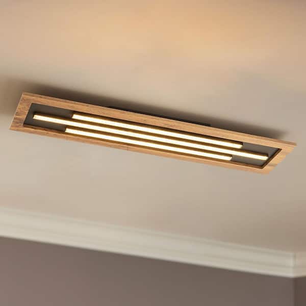 Babic 31.5 in. 30W Modern Black and Wood Integrated LED Flush Mount Ceiling Light with Crushed Acrylic Accents